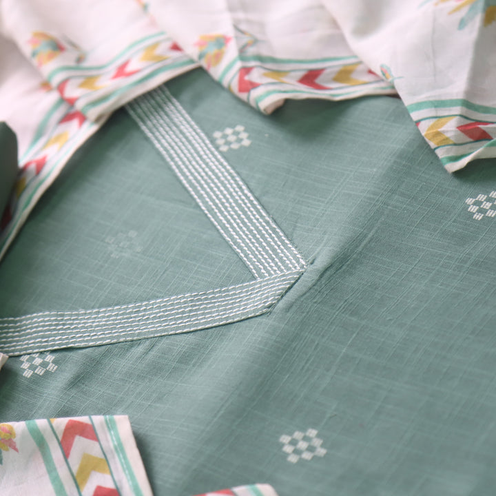 Raajiya Fern Green V Neck Thread Work Pigment Print Cotton Suit Set