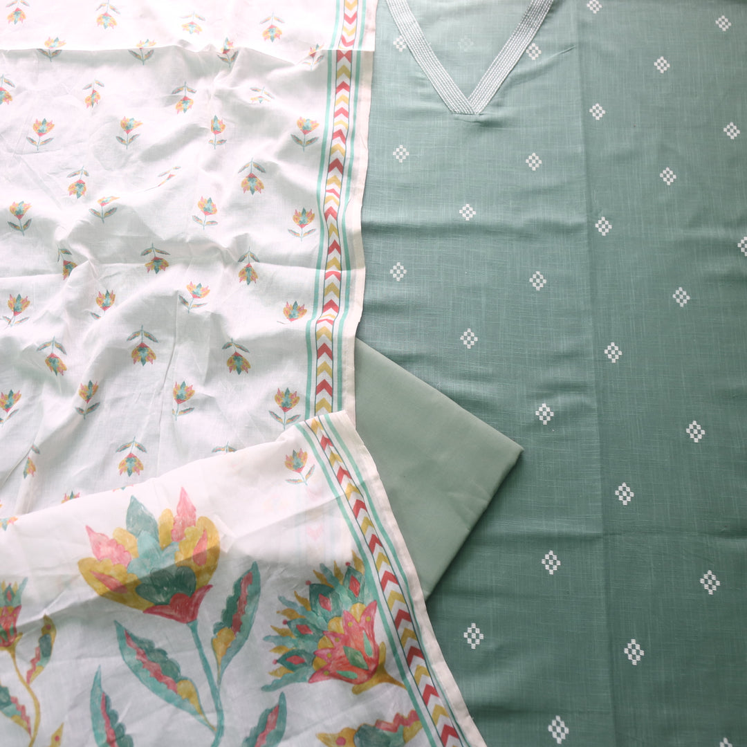 Raajiya Fern Green V Neck Thread Work Pigment Print Cotton Suit Set