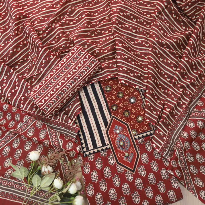 Gulabraas Maroon Red Patches with Kantha and Mirror Work Ajrak Cotton Set-D1