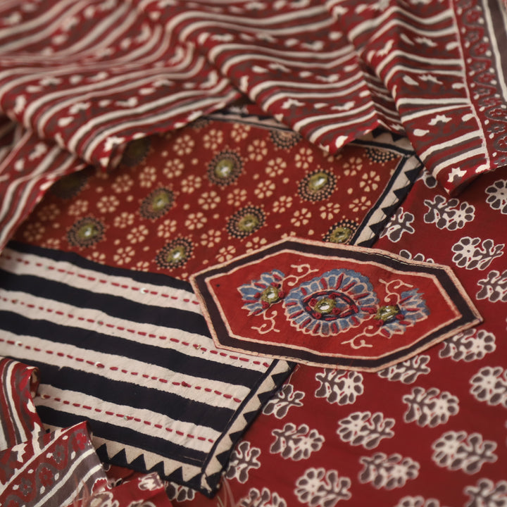 Gulabraas Maroon Red Patches with Kantha and Mirror Work Ajrak Cotton Set-D1