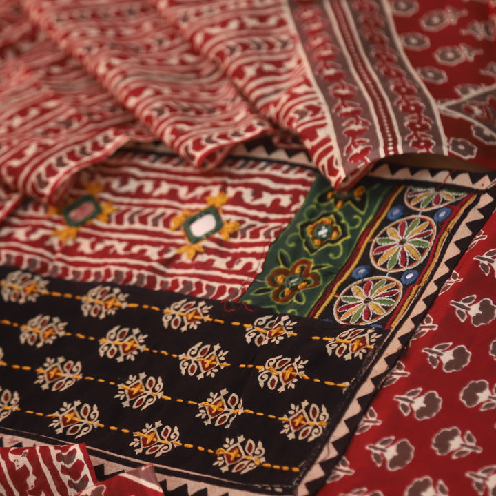 Gulabraas Maroon Red Patches with Kantha and Mirror Work Ajrak Cotton Set-D5