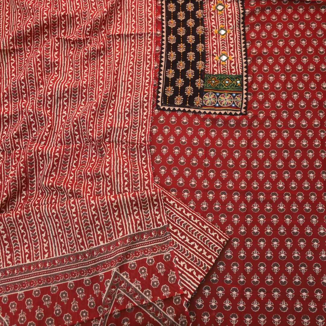 Gulabraas Maroon Red Patches with Kantha and Mirror Work Ajrak Cotton Set-D5
