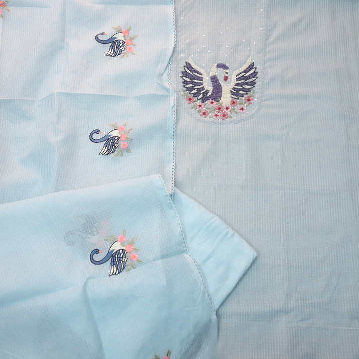 Masaba Powder Blue Moti Work On Neck in Bird Style Kota Doriya Suit Set