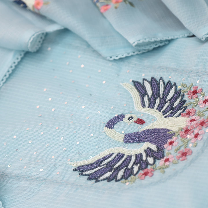Masaba Powder Blue Moti Work On Neck in Bird Style Kota Doriya Suit Set