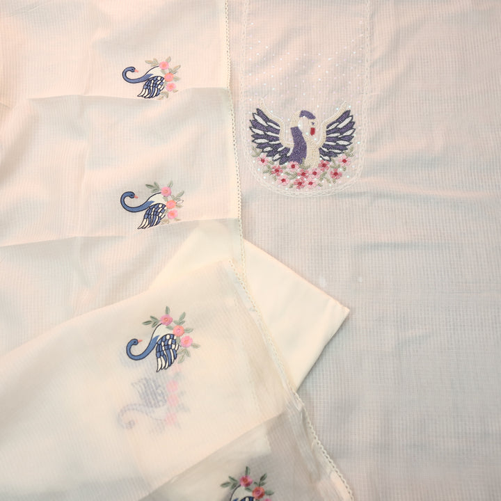 Sadhgi Cream White Moti Work On Neck in Bird Style Kota Doriya Suit Set