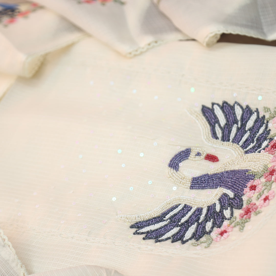 Sadhgi Cream White Moti Work On Neck in Bird Style Kota Doriya Suit Set