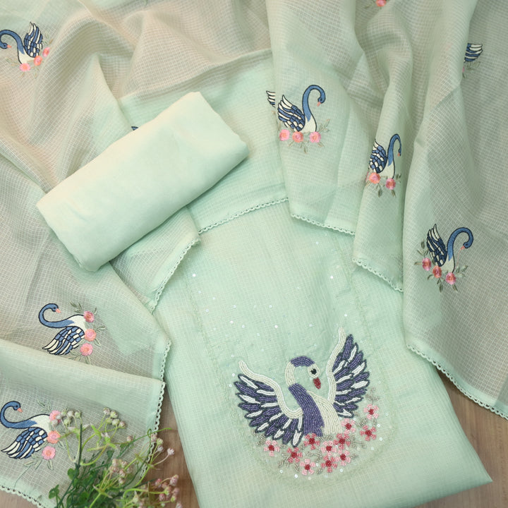 Masaba Minty Green Moti Work On Neck in Bird Style Kota Doriya Suit Set