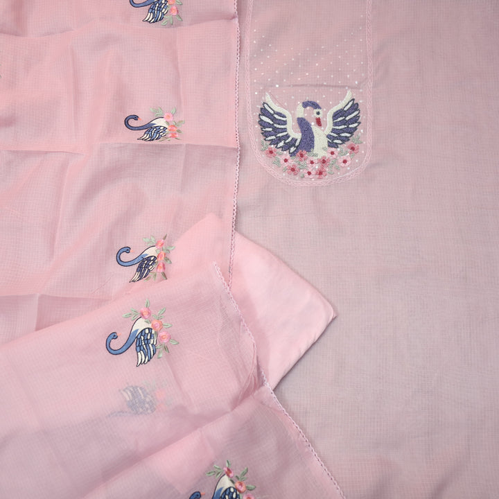 Masaba Frosty Pink Moti Work On Neck in Bird Style Kota Doriya Suit Set