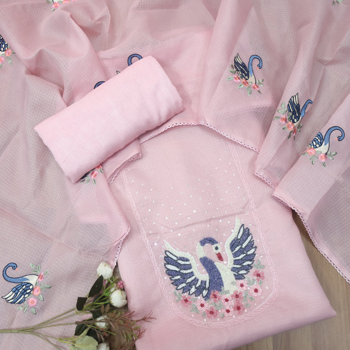 Masaba Frosty Pink Moti Work On Neck in Bird Style Kota Doriya Suit Set