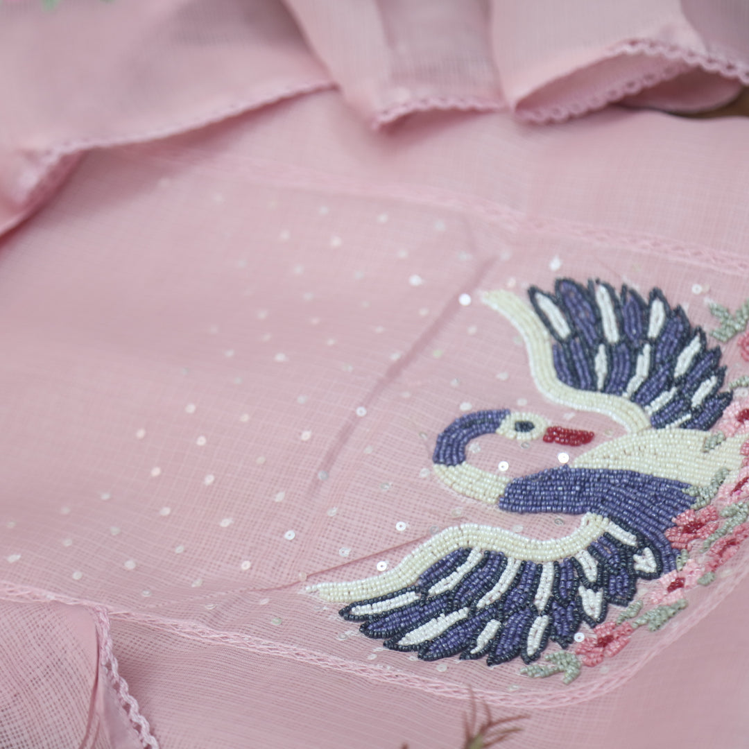 Masaba Frosty Pink Moti Work On Neck in Bird Style Kota Doriya Suit Set