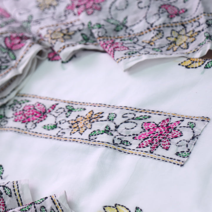 Hayaat White with Light Pink and Yellow Floral Kantha Work Cotton Suit Set