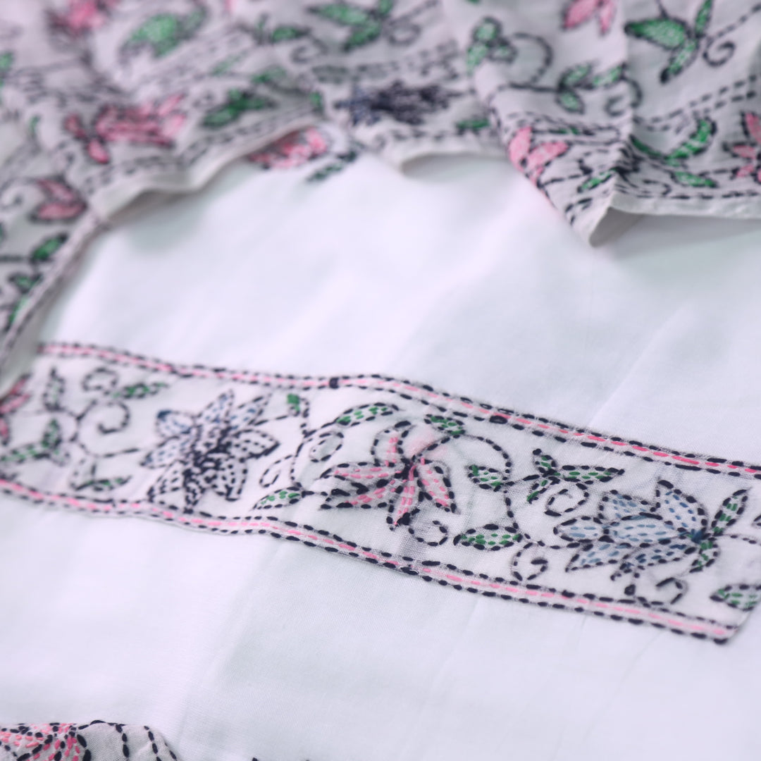 Hayaat White with Light Pink and Blue Floral Kantha Work Cotton Suit Set