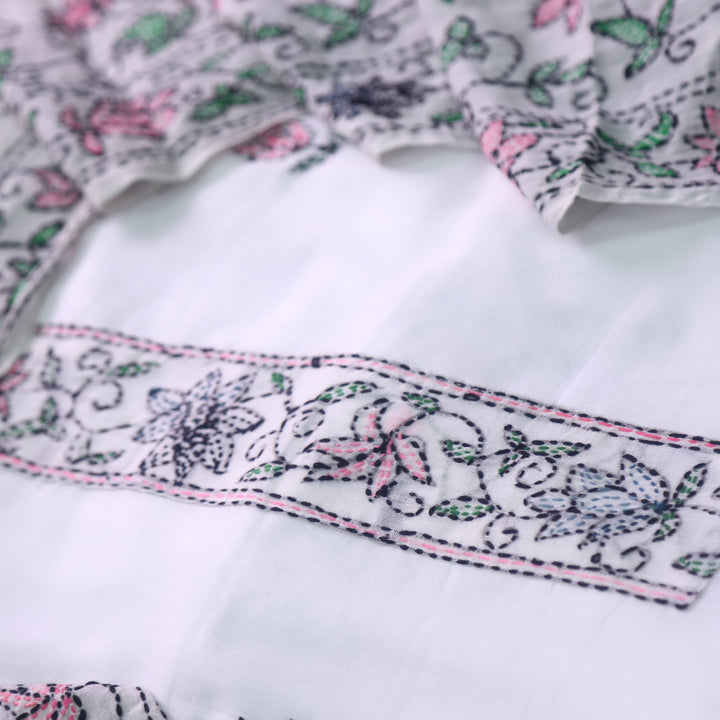 Hayaat White with Light Pink and Blue Floral Kantha Work Cotton Suit Set