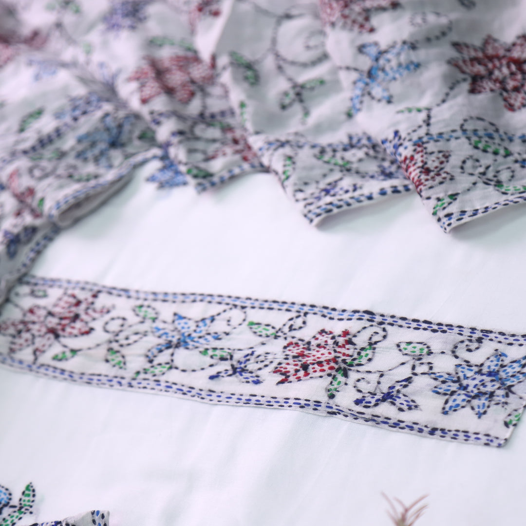Hayaat White with Marron Red and Blue Floral Kantha Work Cotton Suit Set