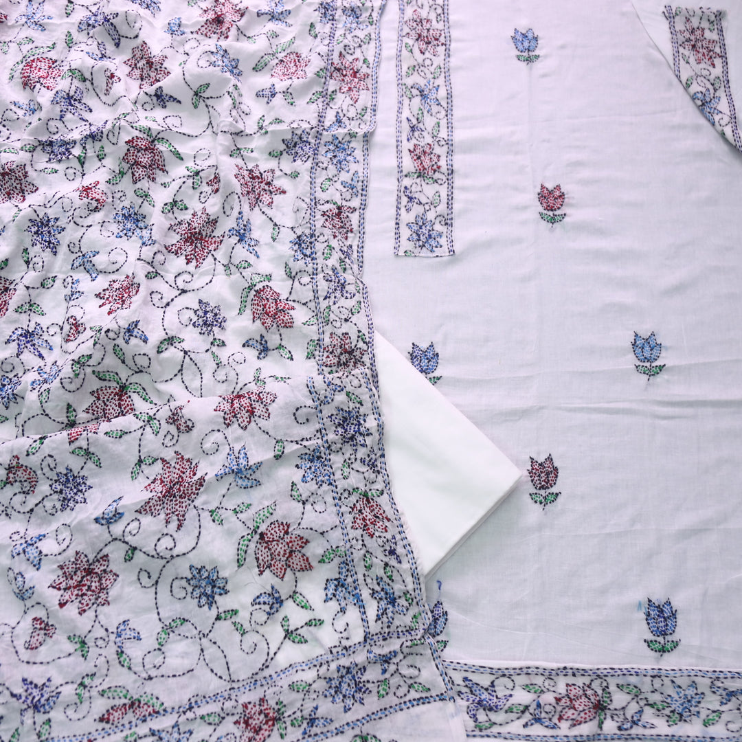 Hayaat White with Marron Red and Blue Floral Kantha Work Cotton Suit Set