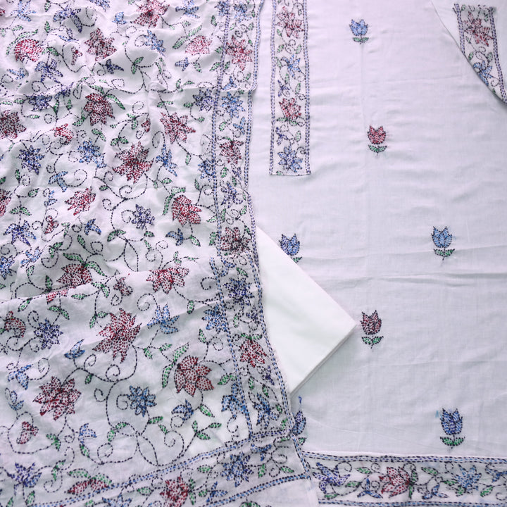 Hayaat White with Marron Red and Blue Floral Kantha Work Cotton Suit Set