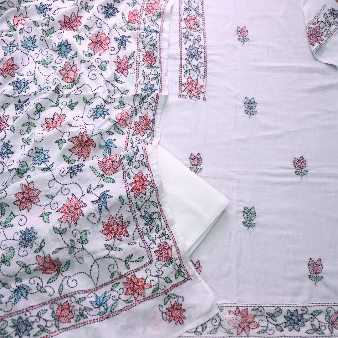 Hayaat White with Bright Tomato Red and Blue Floral Kantha Work Cotton Suit Set