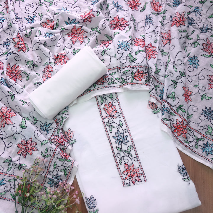Hayaat White with Bright Tomato Red and Blue Floral Kantha Work Cotton Suit Set