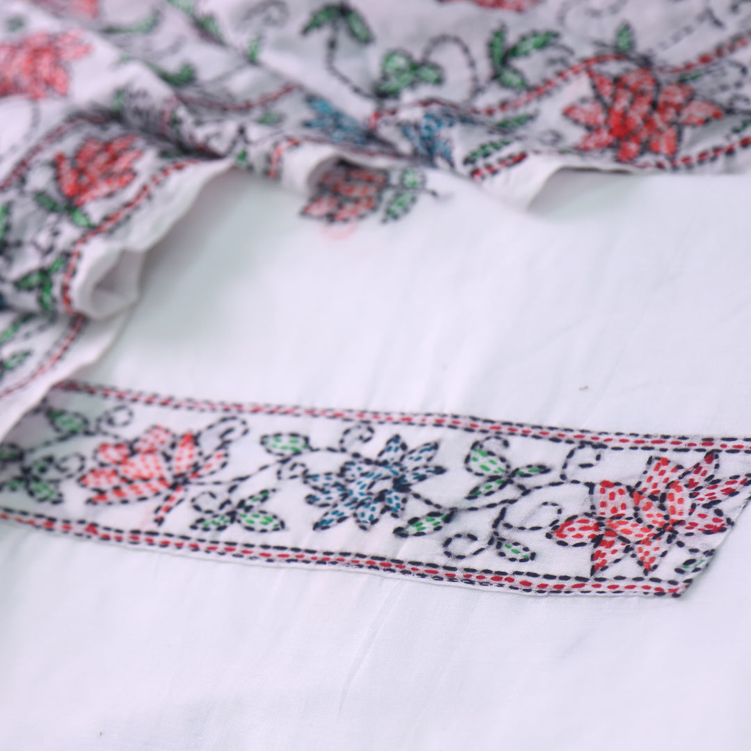 Hayaat White with Bright Tomato Red and Blue Floral Kantha Work Cotton Suit Set
