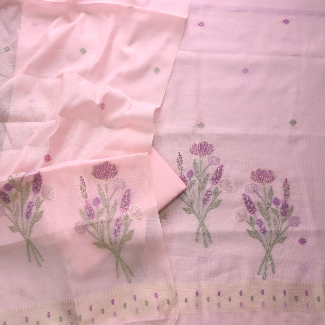 Alfaazi Candy Pink Zari with Floral Authentic Jamdani Weaved Chanderi Suit Set