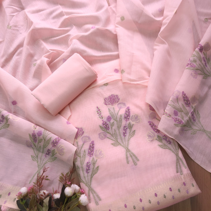Alfaazi Candy Pink Zari with Floral Authentic Jamdani Weaved Chanderi Suit Set