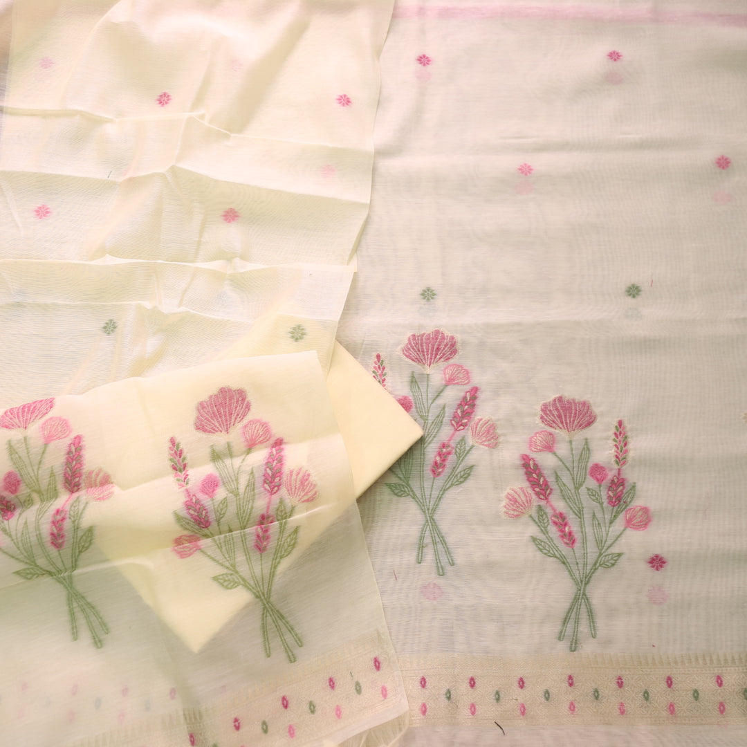 Alfaazi Butter Yellow Zari with Floral Authentic Jamdani Weaved Chanderi Suit Set