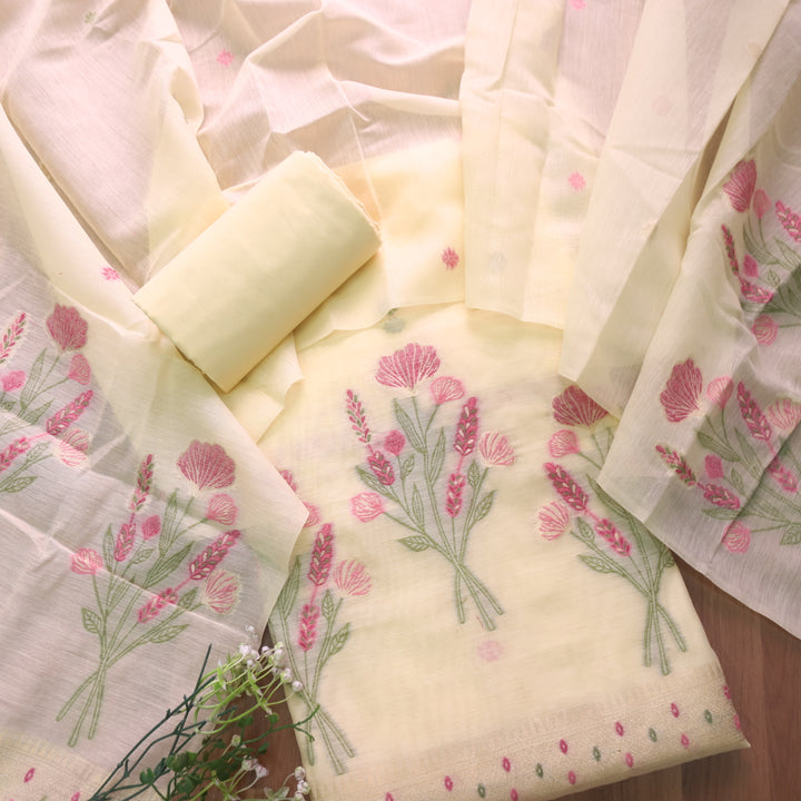 Alfaazi Butter Yellow Zari with Floral Authentic Jamdani Weaved Chanderi Suit Set