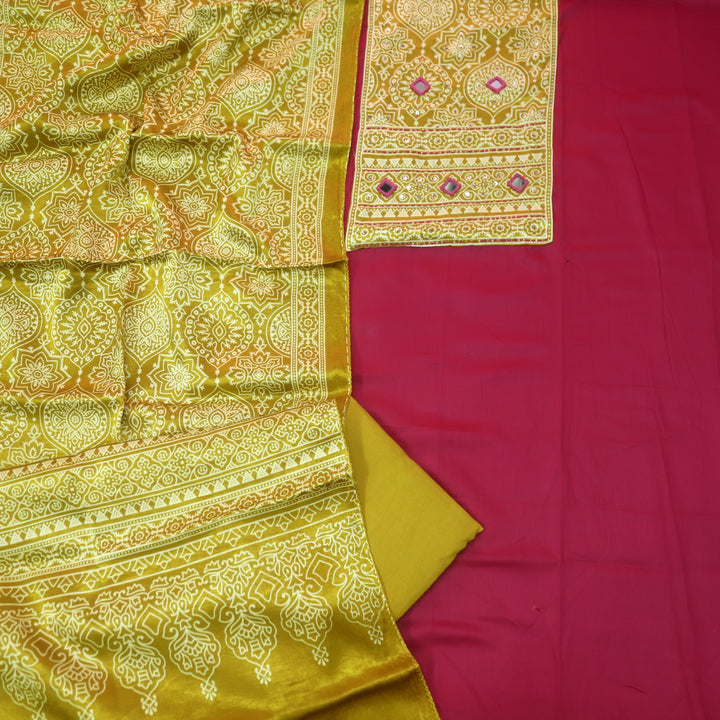 शर्बत Gulabrass Pink with Yellow Mashru Patch with Mirror Glazed Cotton Suit Set