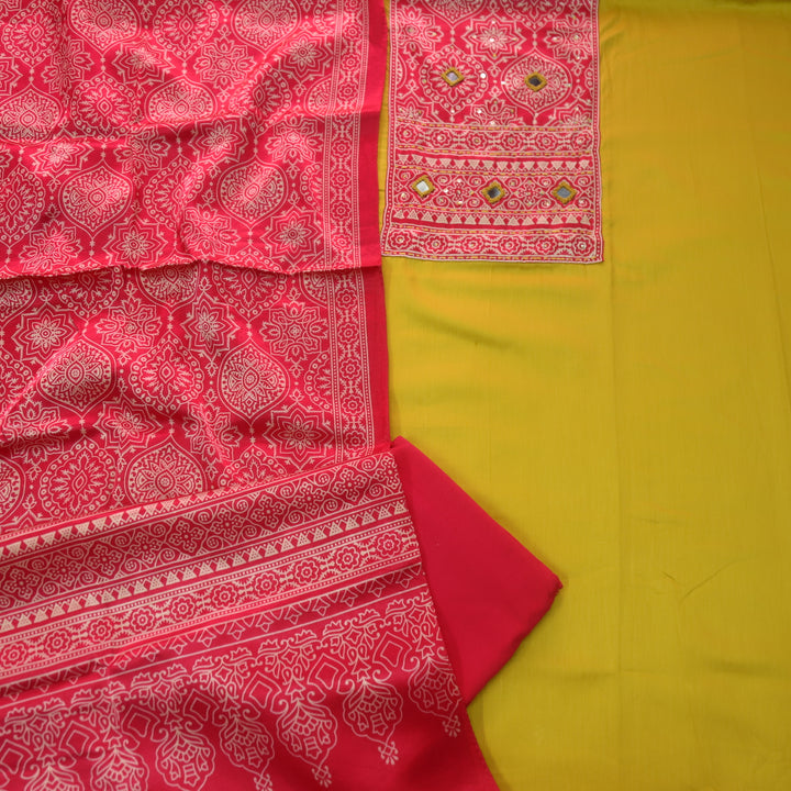 शर्बत Mango Kesar Yellow with Pink Mashru Patch with Mirror Glazed Cotton Suit Set