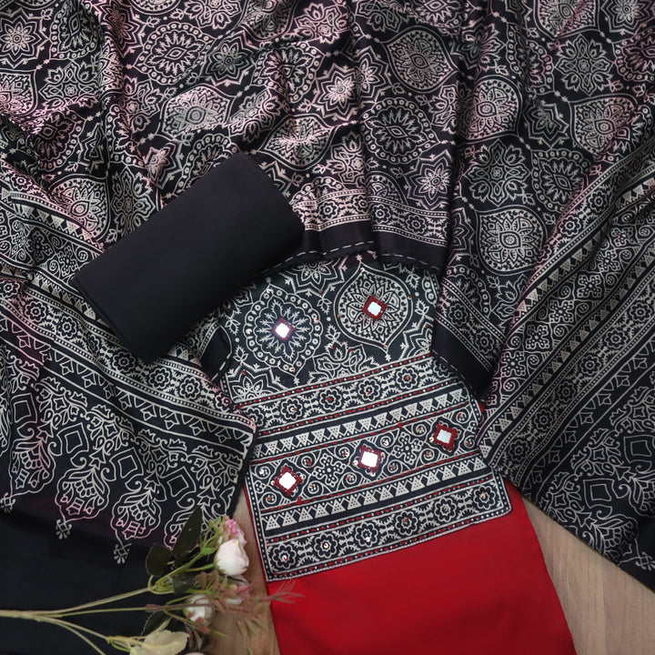 शर्बत Rooh Afza Red with Black Mashru Patch with Mirror Glazed Cotton Suit Set