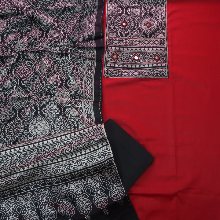 शर्बत Rooh Afza Red with Black Mashru Patch with Mirror Glazed Cotton Suit Set