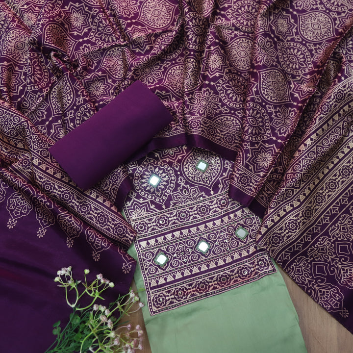 शर्बत Shahi Elaichi Green with Purple Mashru Patch with Mirror Glazed Cotton Suit Set