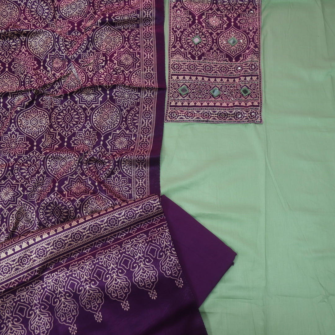 शर्बत Shahi Elaichi Green with Purple Mashru Patch with Mirror Glazed Cotton Suit Set