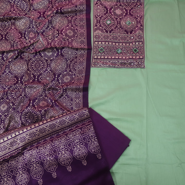 शर्बत Shahi Elaichi Green with Purple Mashru Patch with Mirror Glazed Cotton Suit Set
