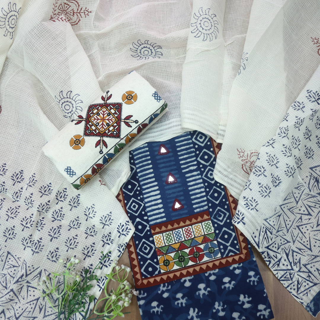 Sargoshi Indigo Blue Patch with Mirror Work Dabu Printed Kutch Cotton Suit Set D1