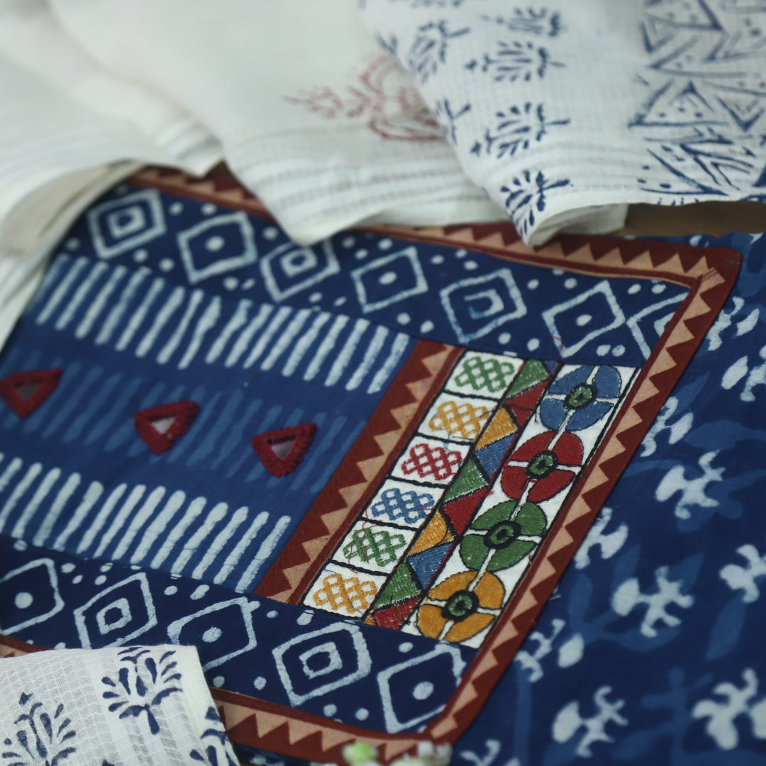 Sargoshi Indigo Blue Patch with Mirror Work Dabu Printed Kutch Cotton Suit Set D1