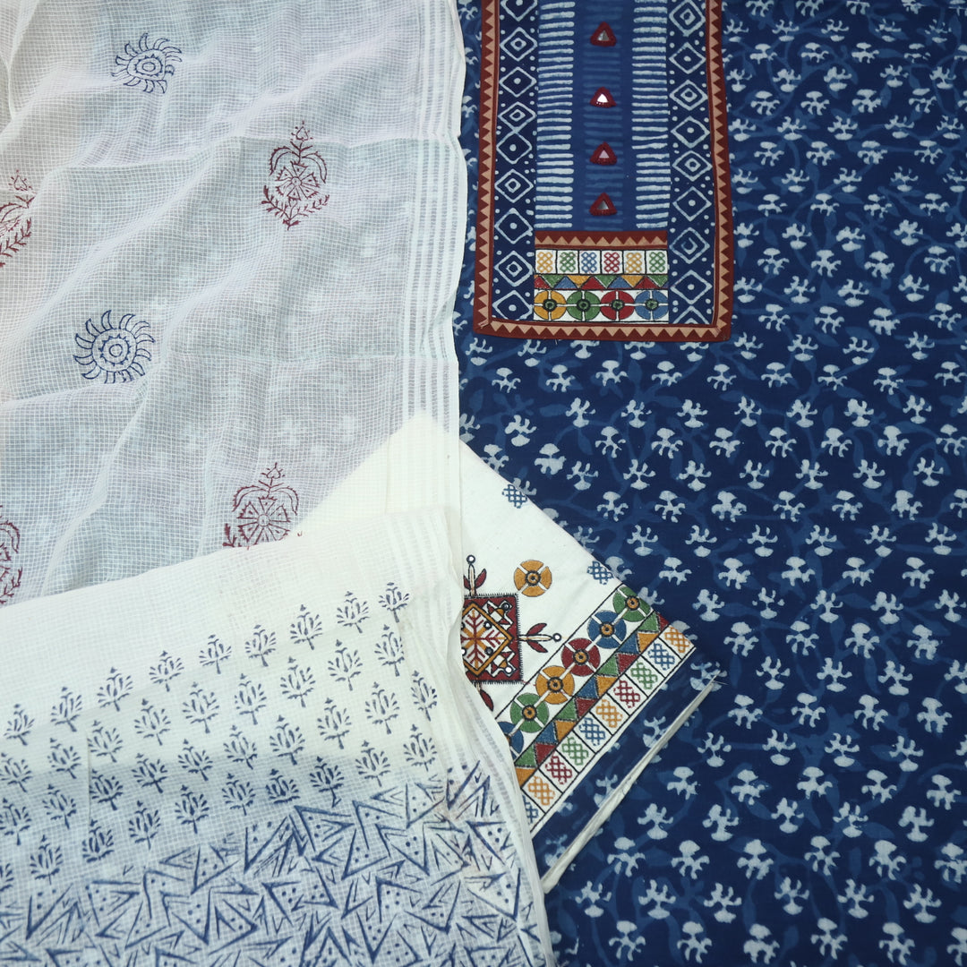 Sargoshi Indigo Blue Patch with Mirror Work Dabu Printed Kutch Cotton Suit Set D1