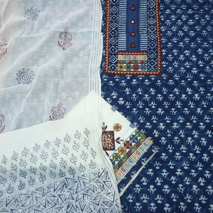 Sargoshi Indigo Blue Patch with Mirror Work Dabu Printed Kutch Cotton Suit Set D1