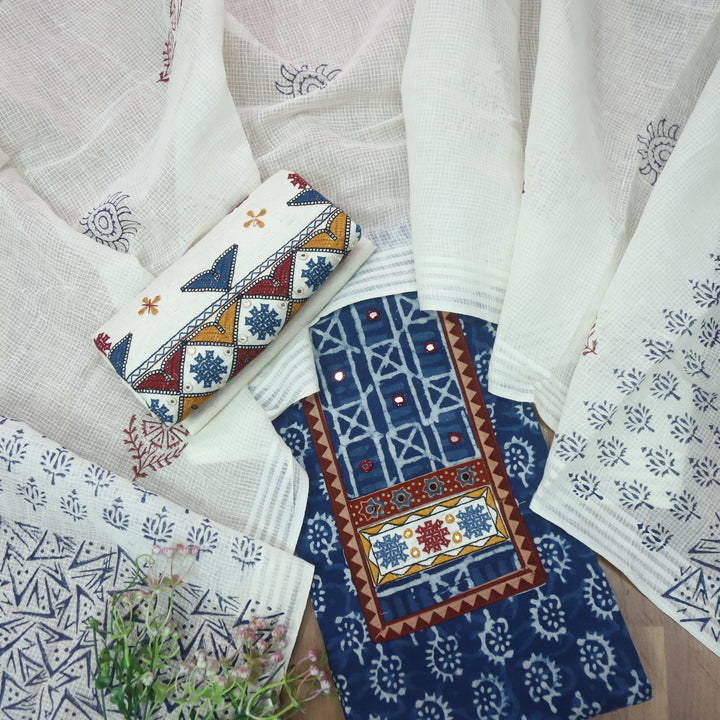 Sargoshi Indigo Blue Patch with Mirror Work Dabu Printed Kutch Cotton Suit Set D2