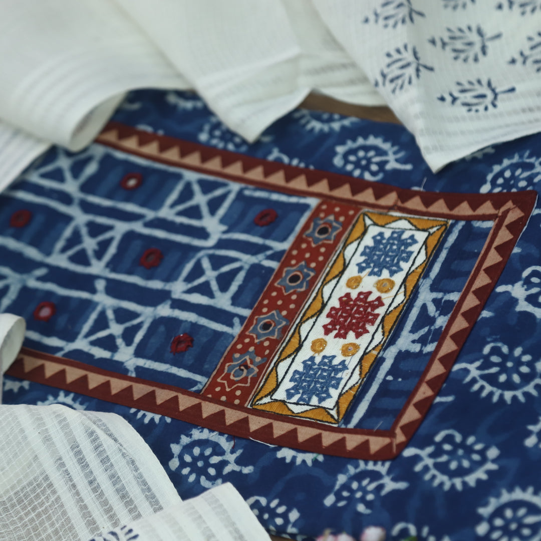 Sargoshi Indigo Blue Patch with Mirror Work Dabu Printed Kutch Cotton Suit Set D2