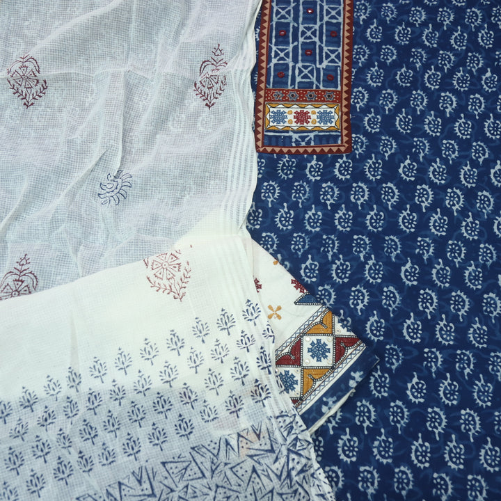 Sargoshi Indigo Blue Patch with Mirror Work Dabu Printed Kutch Cotton Suit Set D2