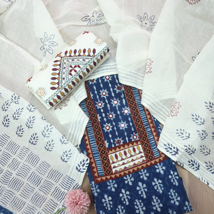Sargoshi Indigo Blue Patch with Mirror Work Dabu Printed Kutch Cotton Suit Set-D3