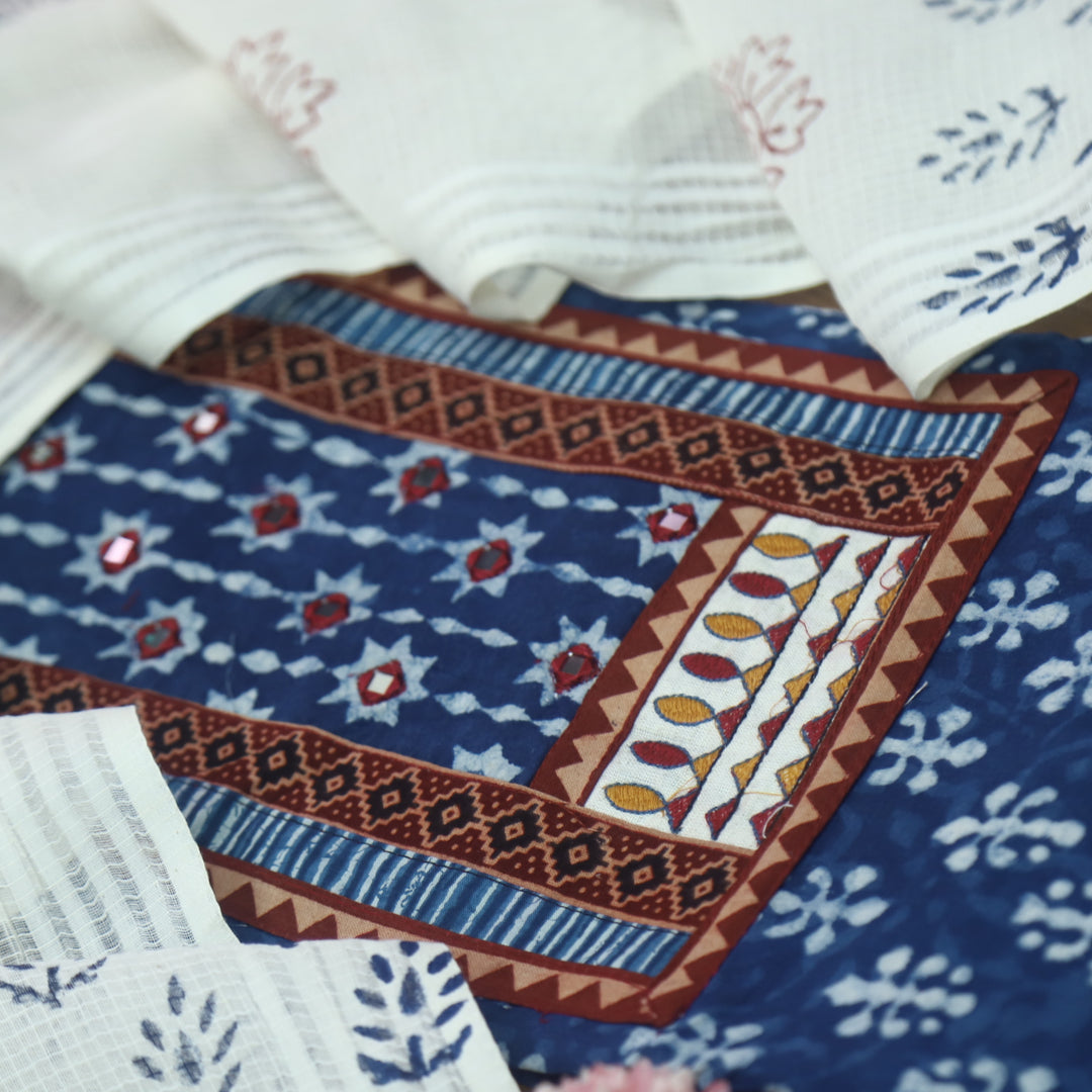Sargoshi Indigo Blue Patch with Mirror Work Dabu Printed Kutch Cotton Suit Set-D3