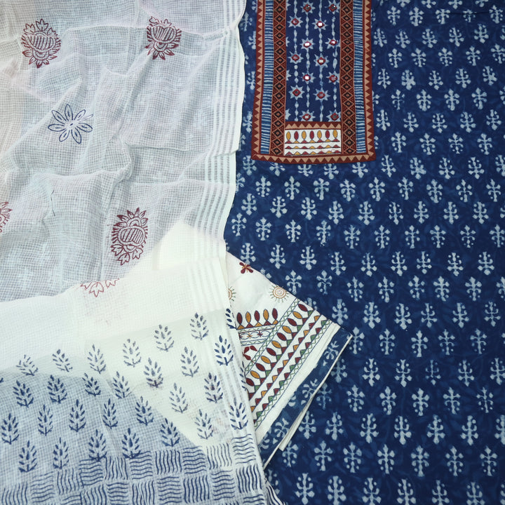 Sargoshi Indigo Blue Patch with Mirror Work Dabu Printed Kutch Cotton Suit Set-D3