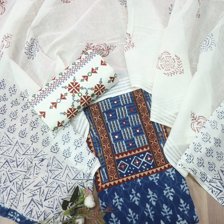 Sargoshi Indigo Blue Patch with Mirror Work Dabu Printed Kutch Cotton Suit Set D4