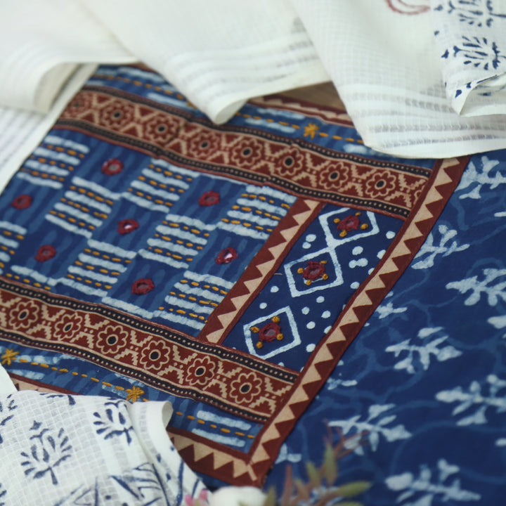 Sargoshi Indigo Blue Patch with Mirror Work Dabu Printed Kutch Cotton Suit Set D4