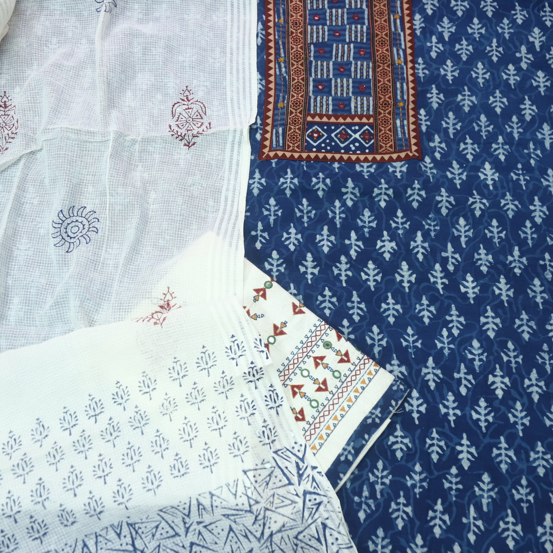Sargoshi Indigo Blue Patch with Mirror Work Dabu Printed Kutch Cotton Suit Set D4