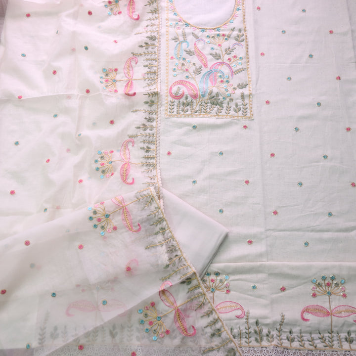 Dharashi Pearl White Thread Embroidered Neck Work with Sequine Cotton Suit Set