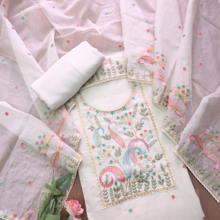 Dharashi Pearl White Thread Embroidered Neck Work with Sequine Cotton Suit Set