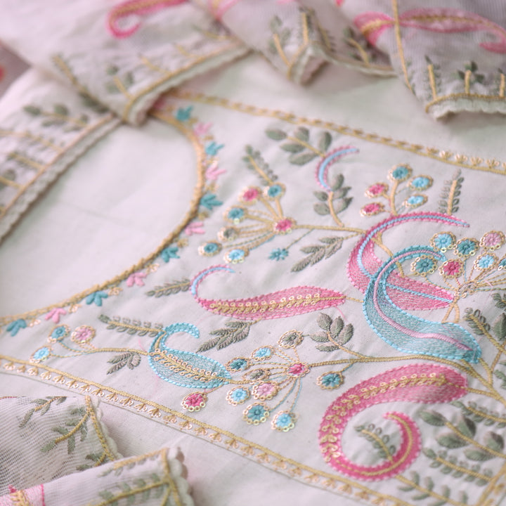 Dharashi Pearl White Thread Embroidered Neck Work with Sequine Cotton Suit Set